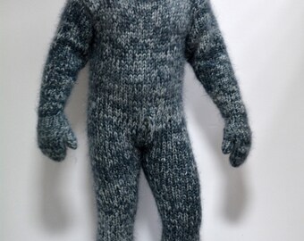 Hand Knit Mohair Catsuite Sweater Massive Mix Gray Fuzzy Hooded Integrated Mittens Jumper 10 strands MADE to ORDER - by Extravagantza