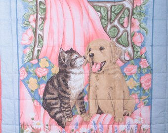 Soft Vintage Quilt, Baby, Toddler, Pink, Blue, Blanket, Cover, Cute, Puppy, Kitty, Flowers, Friends, Nursery, Decor ~ The Pink Room ~ 170516