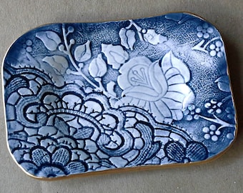 Ceramic Soap Dish Navy Blue edged in gold Trinket Dish jewelry dish