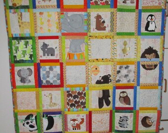 Machine Embroidered Baby Quilt, Baby Quilt, Animal Adventures Baby Quilt, Crib Quilt, Handmade Baby Quilt - A - approx 48" x 56"