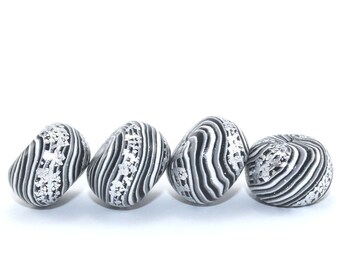 Rondelle beads, Polymer Clay beads, round pressed stripes beads in black, white, gray and silver, 4 elegant beads for Jewelry Making