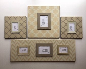 Neutral Gallery Wall Photo Frames - Magnetic Frames - Tan Patterned Picture Frames - Family Photos - Distressed Farmhouse Style - Customize