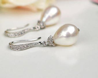 Teardrop Pearl Earrings | White Rose Freshwater Drop Pearls | CZ Pavé Sterling Silver Dangles | Bridal Pearl | Birthday Gift | Ready to Ship