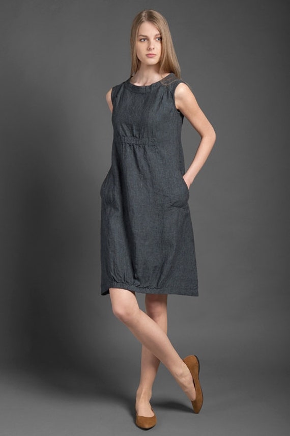 Pure linen dress dark gray dress for summer woman dresses