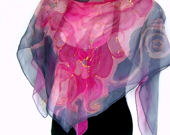 Hand Painted Silk Scarf, Pink Mauve Silver Gray Orchids, Square Floral Silk Chiffon Scarf, Gift For Her
