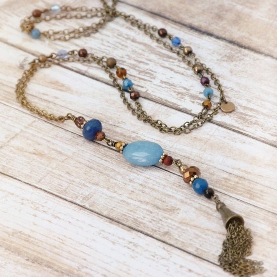 Boho necklace with tassel, Hippie chic necklace, Necklace with tassel, Long necklace, Beaded necklace, Spring jewelry, Free shipping