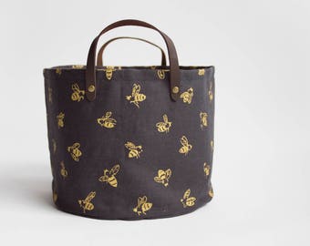 Honey Bees Small Basket. Bucket Bag. Storage Bag. Project Bag. Tote. Yarn Basket. Knitting Bag. Fabric Bucket.