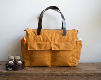Waxed canvas bag, 11 pocket diaper bag, Waxed canvas diaper bag, Waxed canvas tote, Canvas tote bag, Leather canvas bag, Burnt yellow