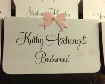 10 Wedding Place Cards, Pink Bow, Pearl