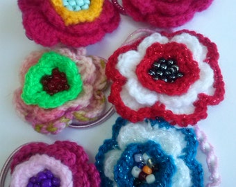 Set of 6,Flower hair clip, Flower hair accessory, Hand made, Flower girl,Crochet Flower Ponytail Bands for Girls
