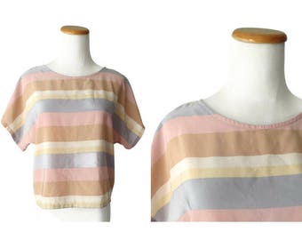 Pastel Striped Blouse 80s Cropped Blouse 1980s Boxy Muted Rainbow Stripes Size Medium M Pink Purple Beige Stranger Things Glow Cosplay