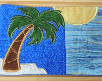 Tropical Mug Rug - Applique Embroidered - Coffee Mat - Candle Mat Drink Coaster Gift - Decor - Snack Table Desk Mat - Palm Seascape Getaway