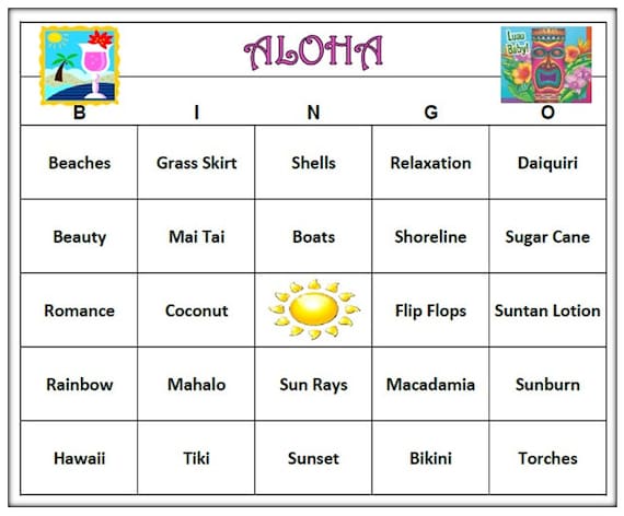 Aloha Luau Hawaiian Party Bingo Game Hawaiian Bingo Words Aloha Luau Hawaiian Party Bingo Game Hawaiian Bingo Words