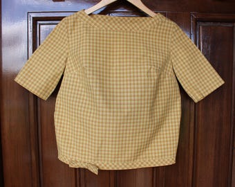 Vintage 1950s Patty Woodard California Plaid Mustard Yellow Top With Bow