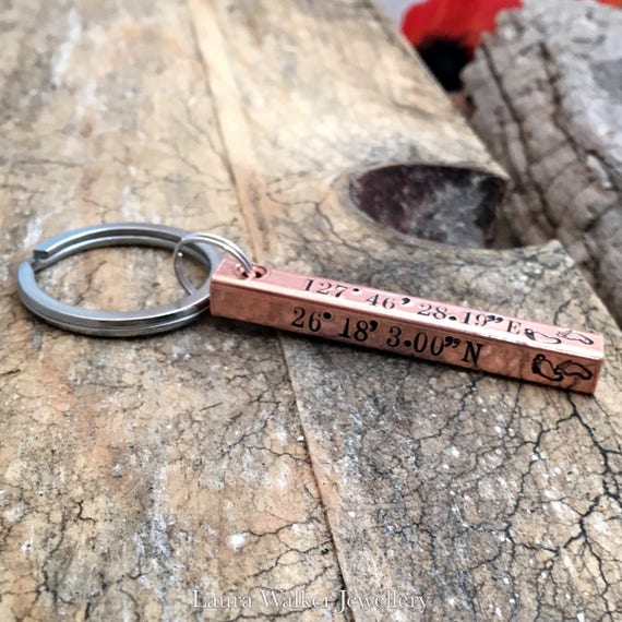 Copper Bar Keychain GPS Copper Keyring Keychain Longitude