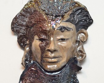 Buddha Face Mask Wall Hanging Raku Ceramics Sculpture