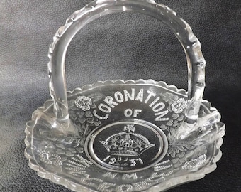 George VI 1937 Coronation Pressed Glass Basket, Queen Mother and George 6 British Monarch Royalty Souvenir UK Royal Family Collectible Gift