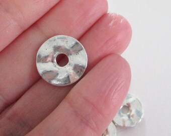 Silver Wavy Hammered Spacers - Disc Rondelle - Large Spacer Beads - diy Trending Bracelet Findings - Center Drilled - 16mm 37g. - 25 Pcs