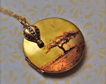 Hot Air Balloon Locket Autumn Tree Sunset Sky Orange Gold Leaf Leaves Art Jewellery Charm Necklace Authentic Vintage Locket Handmade