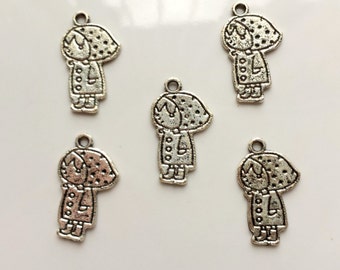 Doll charms x 5, Silver tone charms, Tibetan silver charms, Silver tone Doll charms, Double sided charms, Double sided Doll charms