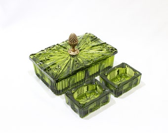 Vintage 1950's Green Glass Art Deco Pine Cone Cigarette Box with Two Ashtrays