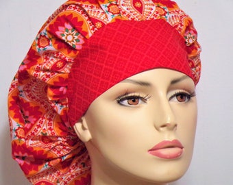 Bouffant Orange Medallion Floral Scrub Hat-Scrub Caps-Womens Scrub Hat-Bouffant Scrub Hats-SilverCaps- Hat-Medical Scrub Hats