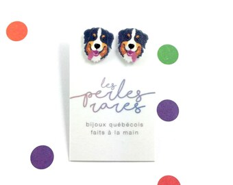 Bernese Mountain Dog, white, black, brown, dog, earring,dog, hypoallergenic, plastic, stainless stud, handmade, les perles rares