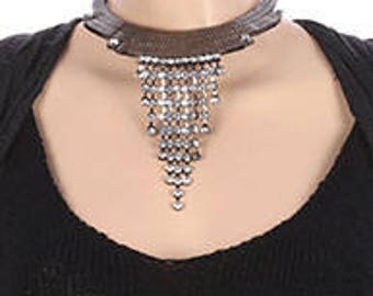 Layered Flat Chain Crystal Stone Fringe Choker Necklace