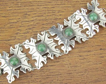 Vintage Mexican Sterling Silver bracelet Snowflakes jewelry hand made Mexico 4 panel with natural green Aventurine stones Old Mark