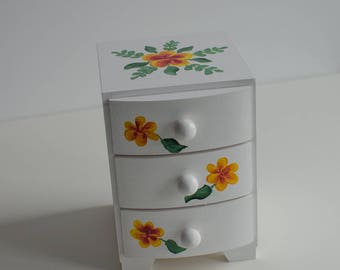 Box with 3 drawers, white wooden box with flowers,jewerly casket,rings holder,necklaces,jewerly,birthday,anniversary,yellow flowers
