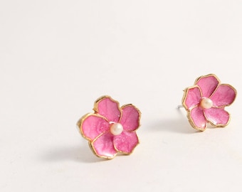 Minimalist Imitation Pearls Cherry Blossoms Gold Brass Side Silver Stud Earrings/ Stud Posts Earrings,everyday post earrings(SE031)