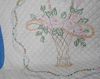 embroidered quilt, handmade quilt, handquilted quilt, bed quilt, vintage quilt, wedding quilt, gift for her, wedding gift, housewarming gift