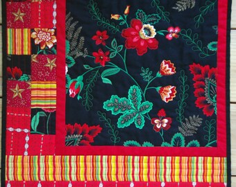 Floral Quilted Wallhanging, Black Red. Green, Quiltsy Handmade