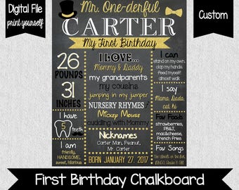 Mr. One-derful First Birthday Chalkboard - Mr. Onederful Chalkboard - Digital - Boys First Birthday Chalkboard - Black - Gold - Decorations