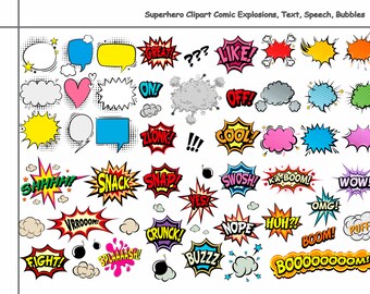 Unique Superhero Clipart Comic Explosions, Comic Book Digital Clip Art, Text, Speech, Photobooth Props, Birthday, part, super hero, clipart