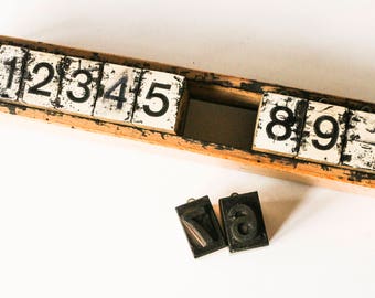 Vintage number stamps - Rubber stamp set numeral characters sans-serif font numerics - Typesetter collection number 0-9 typography case box
