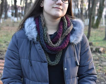 Scarf collar necklace from thin knit ribbons-autumn colors