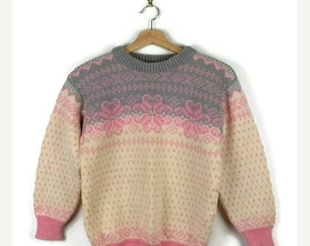 Winter Sale 40% Off Vintage White/Grey/Pink Icelandic/fair isl Style Wool Sweater from 70's*