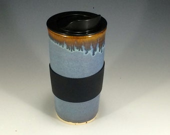 Handmade Blue Travel Mug With Lid - Blue and Bronze Travel Coffee Cup - Porcelain Travel Mug - Pottery Travel Mug - Ceramic Travel Mug