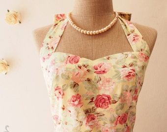 Yellow Sundress Vintage Floral Dress Tea Party Dress Halter Dress Vintage Summer Dress Floral Bridesmaid Dress
