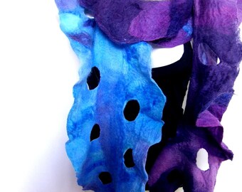 Felted Scarf, Ruffled Wavy, Purple Turquoise Sky Blue, Scarf With Holes, Merino Wool Mohair, Gift Under 70