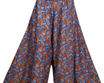 Blue/Orange High Waist Wide Leg Gypsy Vintage Split Maxi Skirt Printed Flared Divided Long Skirts S/M