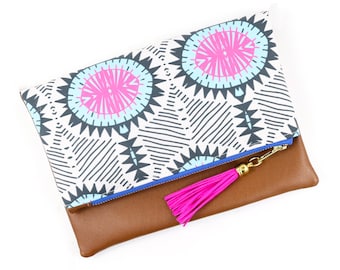 Boho Tassel Clutch in Tribal Floral Print and Tan Vegan Leather and Gold zipper close