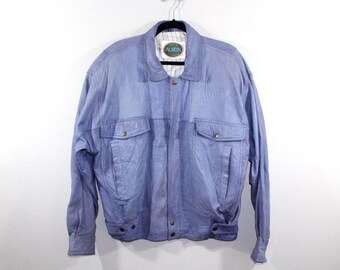 80s AUSTIN Full Zip Soft Leather Flight Bomber Motorcycle Moto Jacket Mens Size 40 Medium Baby Blue, Vintage Leather Bomber Jacket, 80s