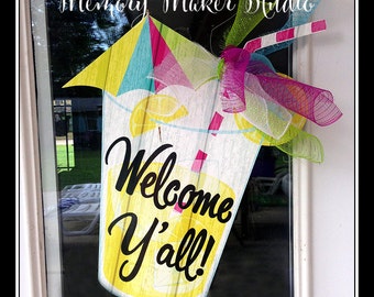 Personalized Lemonade Door Hanger with bright colors, Welcome Y'all sign, Welcome Sign, Make Lemonade, Summer Door Hanger