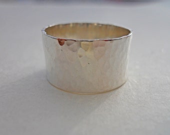 Super Wide 10mm Hammered Band Ring Solid 925 Sterling Silver