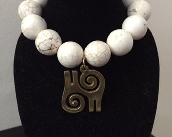 White Magnesite Kwatakye Atiko Stretch Bracelet, Adinkra Charm Bracelet, African Charm Bracelet, Magnesite Bracelet, Stretch Bracelet