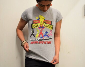 Power Rangers Morph Into Action Official Ladies Fitted T-shirt (Heather Grey) MMPR Mighty Morphin Power Rangers