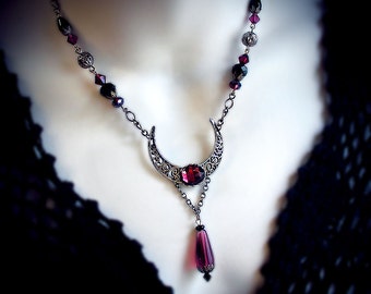 Violet Moon Necklace, silver filigree, crescent moon, purple glass, wicca, pagan necklace, wiccan jewelry, fantasy jewelry, Victorian, fairy