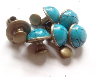 Qty 6 Turquoise Rivets Antique Brass Finish 2-parts - Free Shipping USA